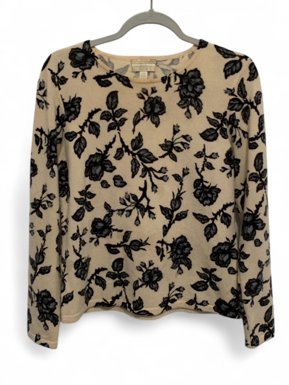 Charter Club 2 Ply Cashmere Cream Gray Floral Crewneck Sweater